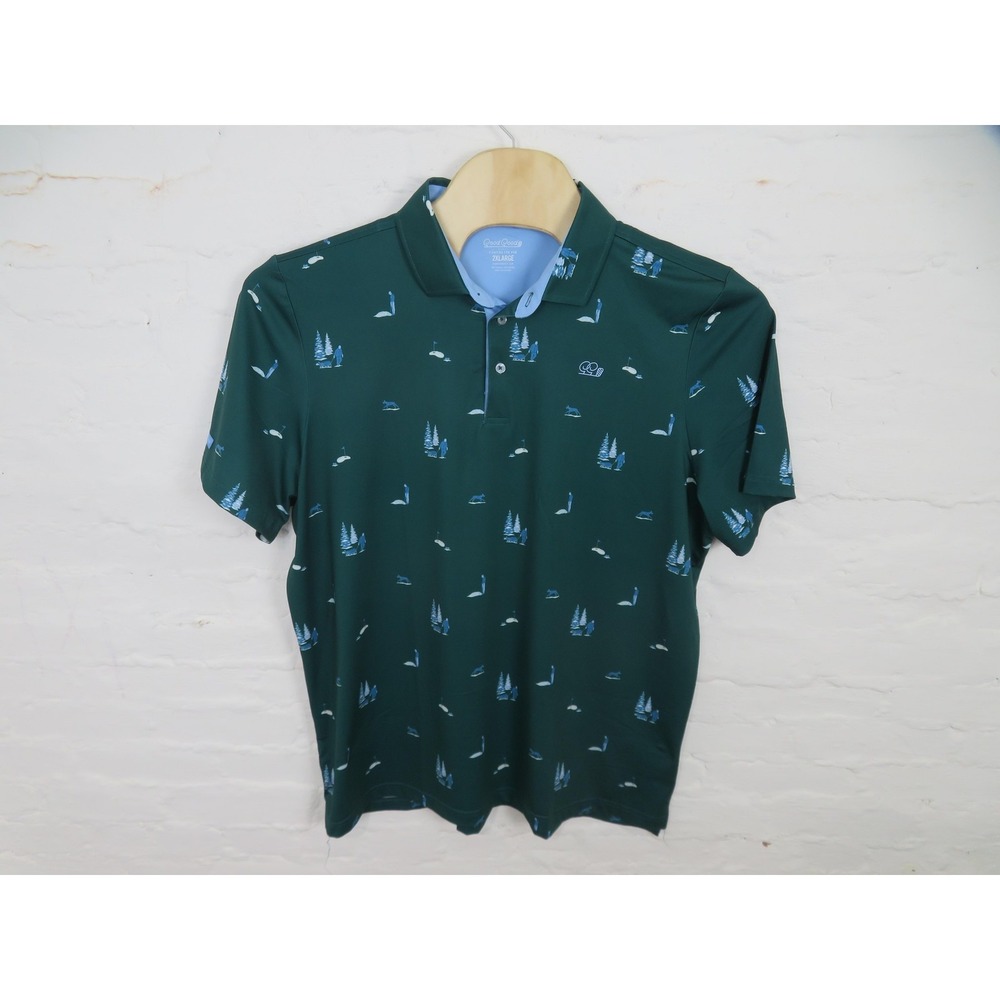 Good Good Golf Polo Shirt Mens 2XL Green Golfer Print Performance Stretch
